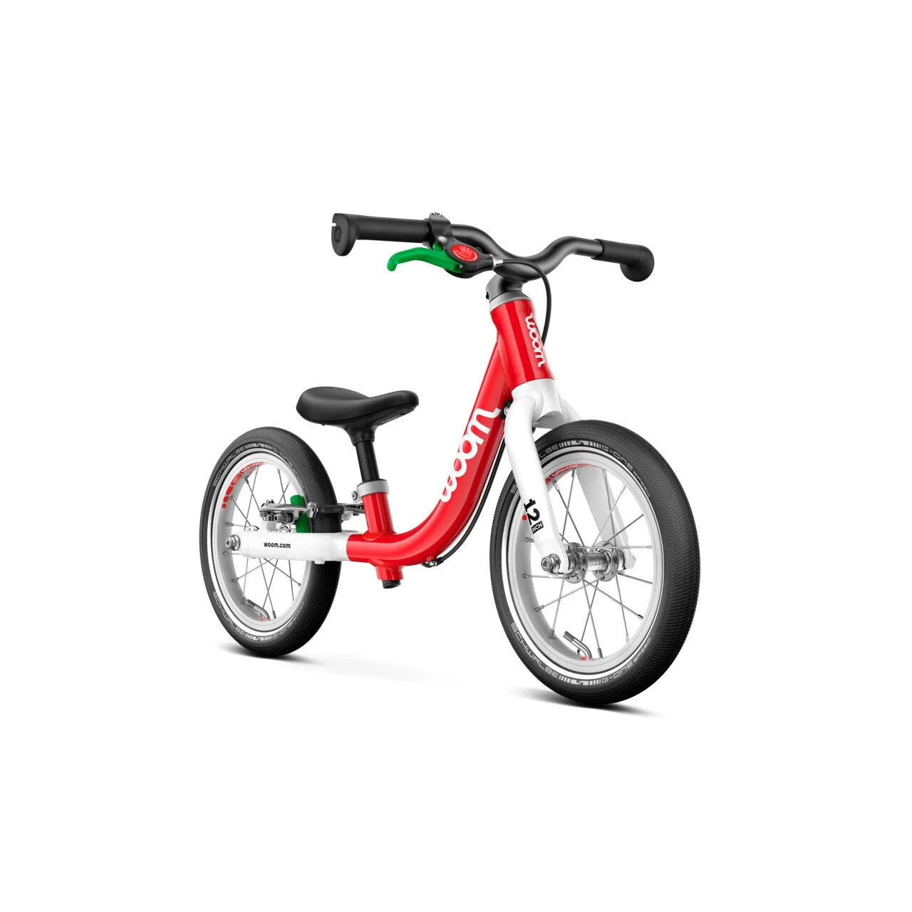 Red and white Woom balance bike on a white background