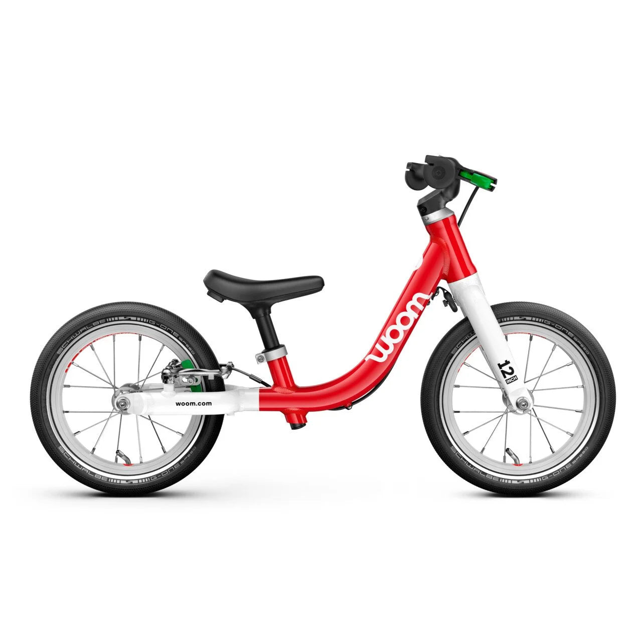 Red and white Woom balance bike with 'woom' branding on a white background