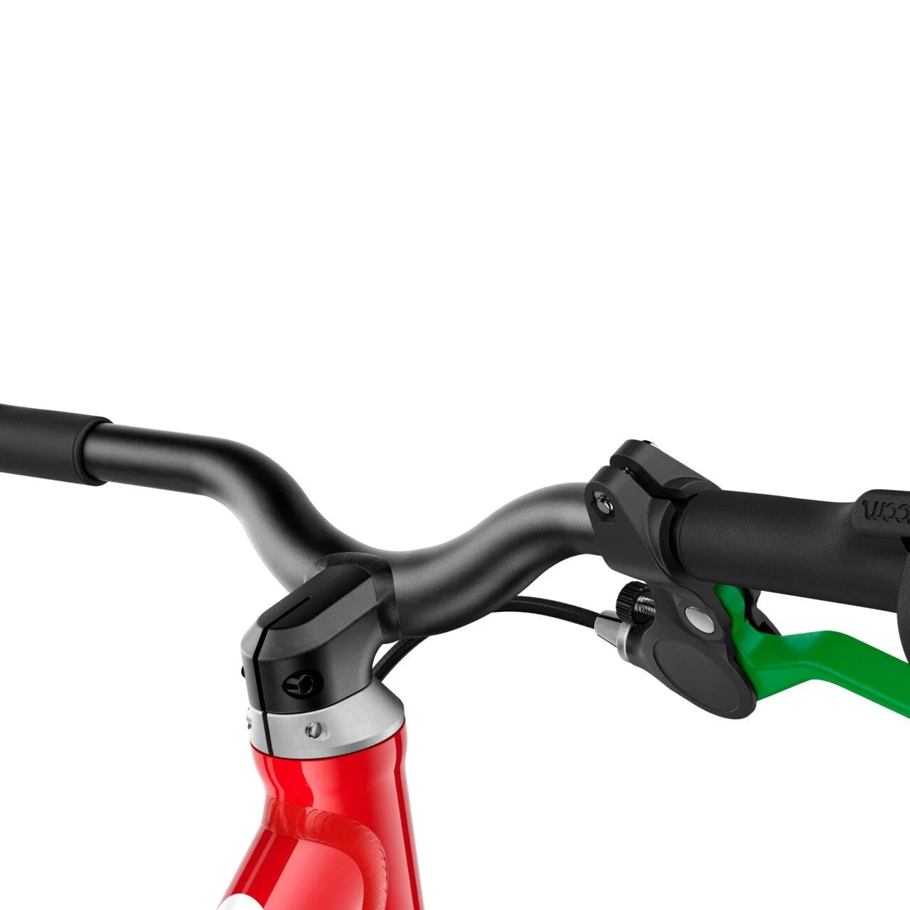 Close-up of a Woom bicycle handlebar with a white background