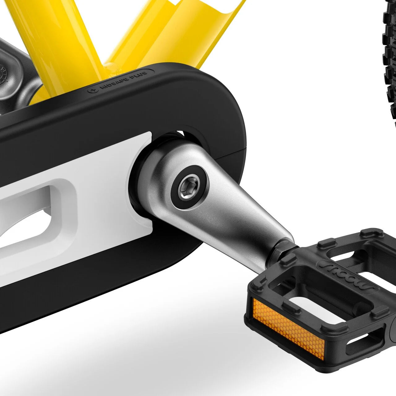 Close-up of a Woom bicycle pedal and chain mechanism on a white background
