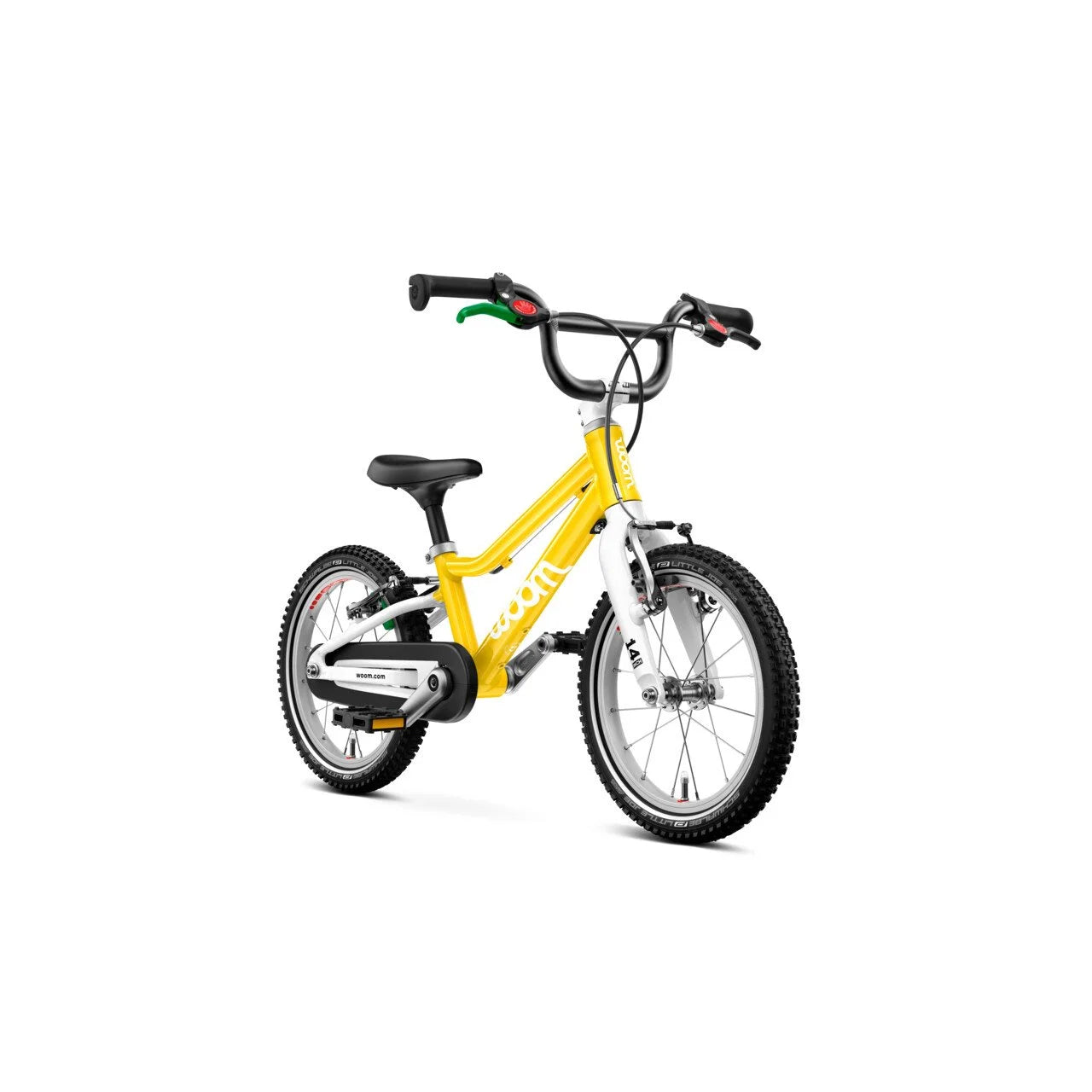 Yellow Woom children's bicycle on a white background