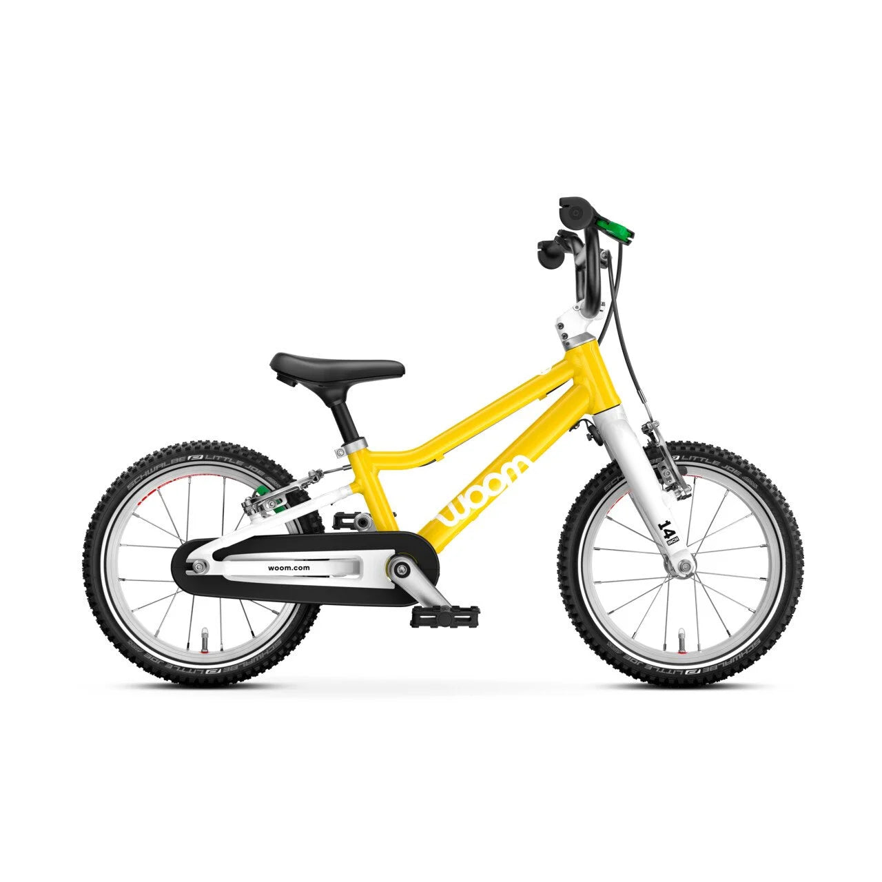 Yellow Woom children's bike with black seat and wheels on a white background