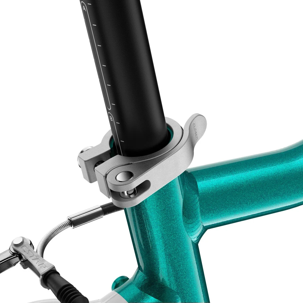 Close-up of a teal bicycle frame with black seat post on a white background
