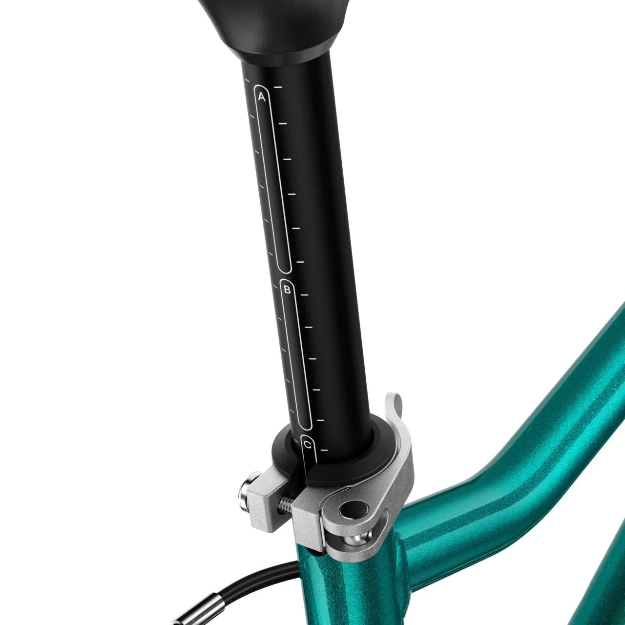 Close-up of a teal Woom bicycle frame with an adjustable seat post and silver clamp on a white background