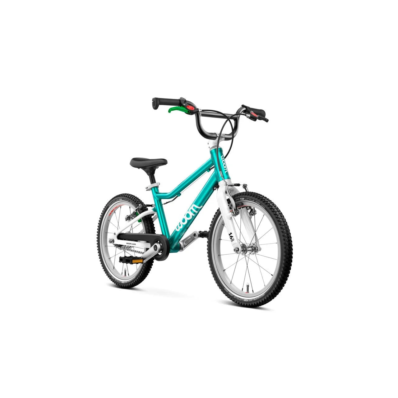 Teal Woom children's bicycle on a white background