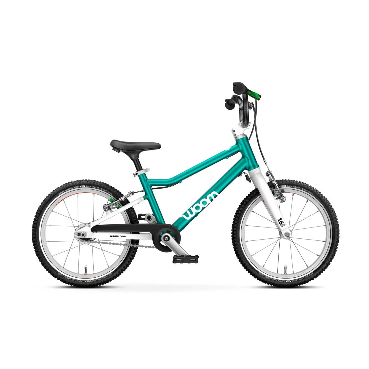Teal Woom children's bicycle on a white background