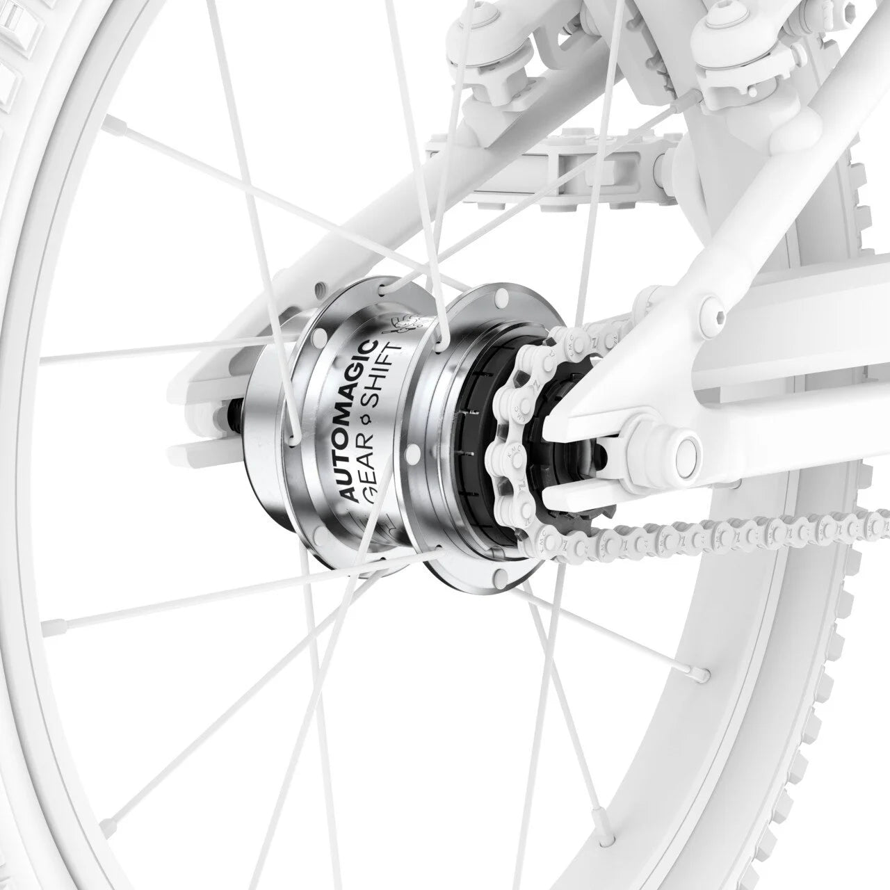 Close-up of a bicycle wheel with gear and chain mechanism on a white background