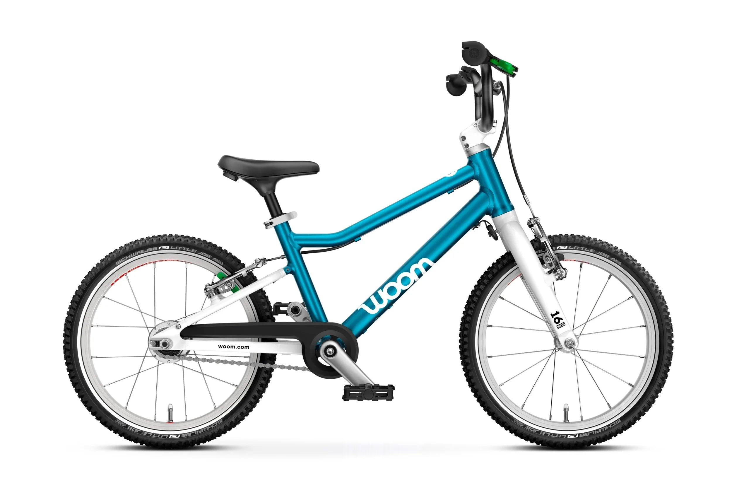 Children's Woom bicycle with a blue frame and white accents on a white background