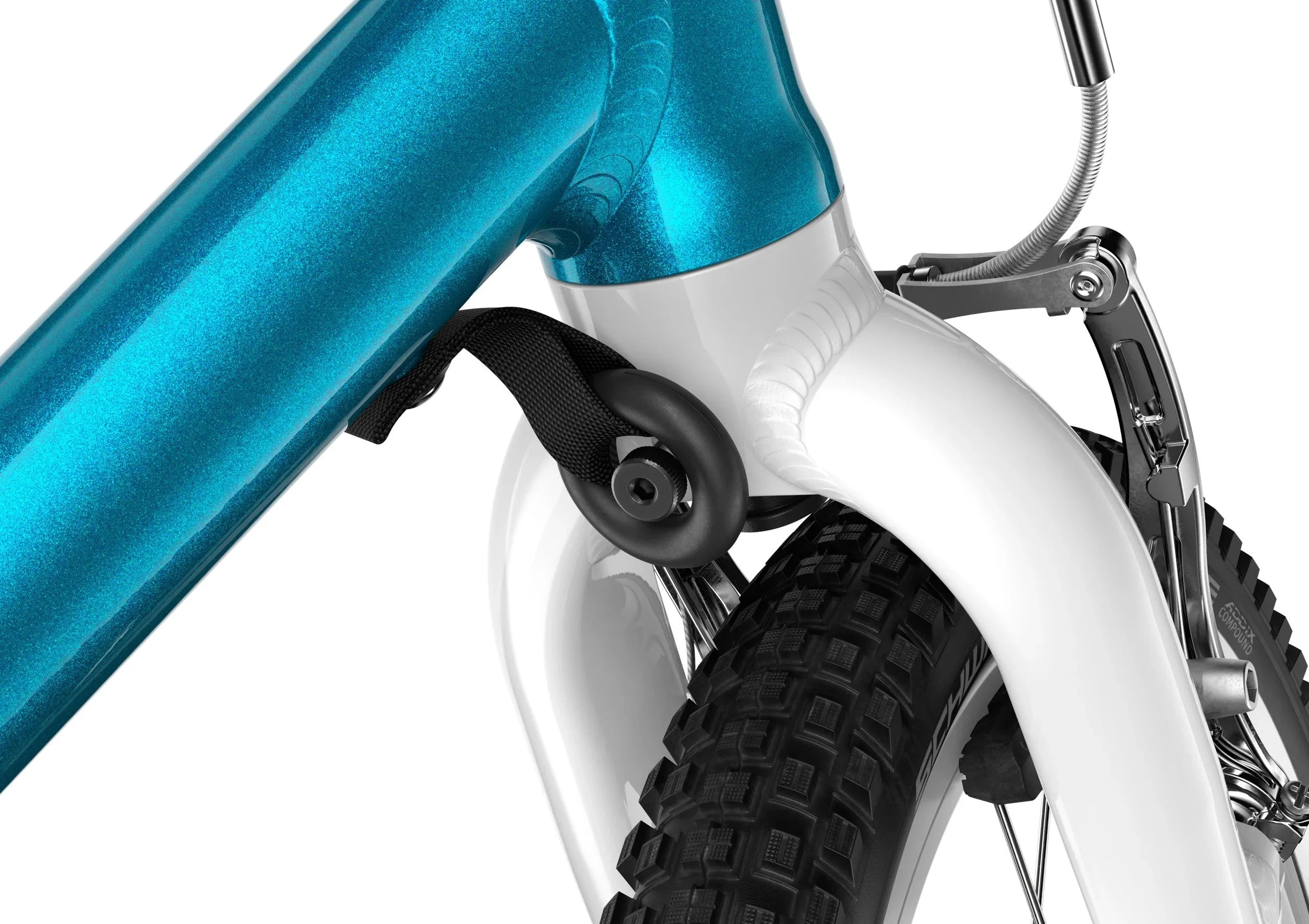 Close-up of a Woom bicycle frame with blue and white colours on a white background