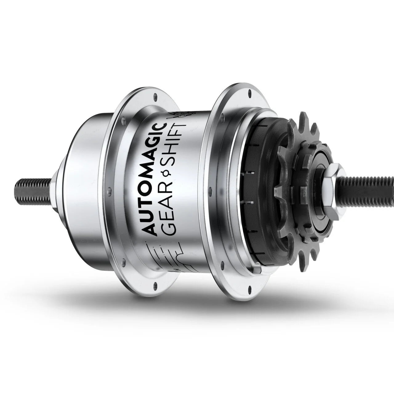 Woom Bicycle hub with 'Automagic Gear Shift' branding on a white background