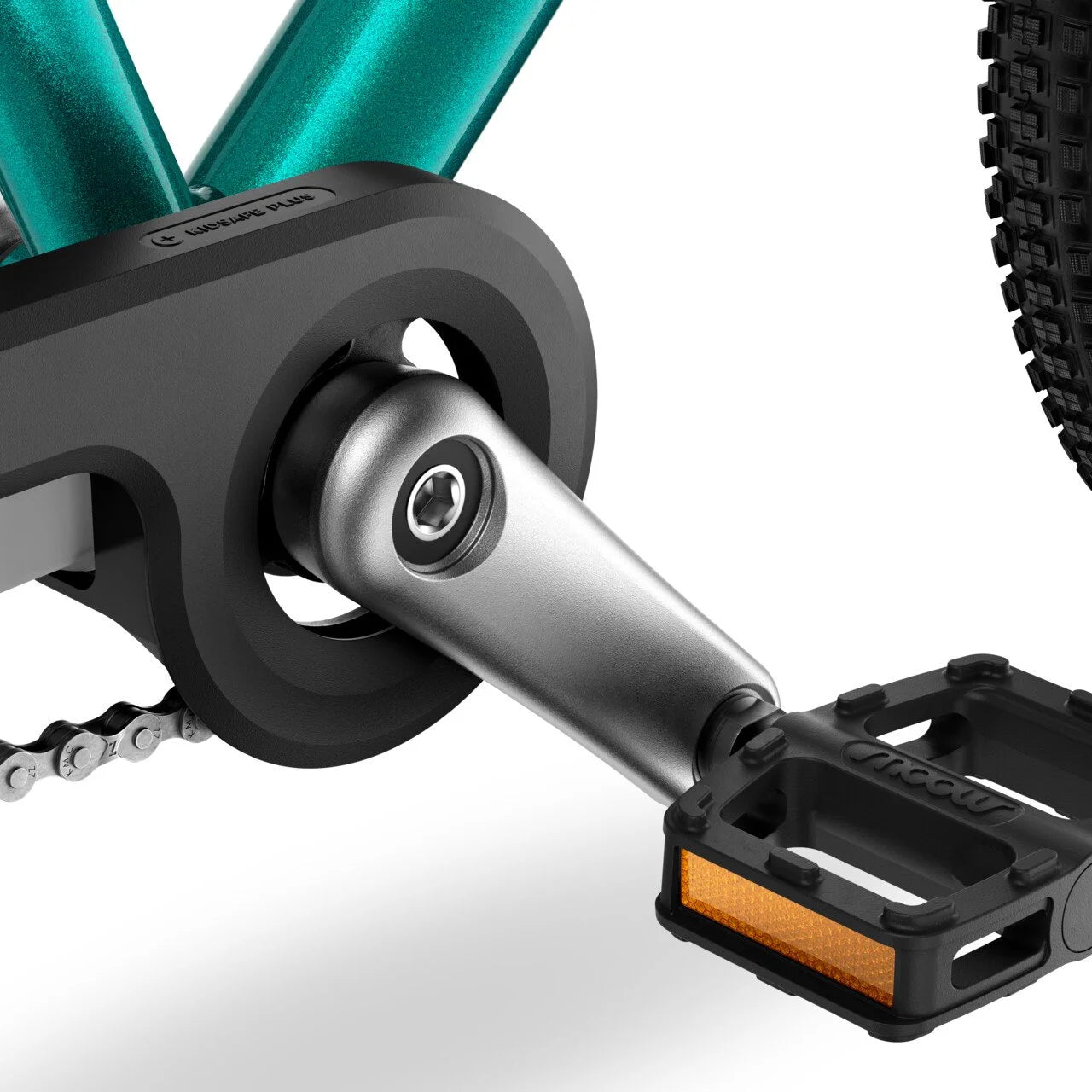 Close-up of a Woom bicycle pedal and chain mechanism on a white background