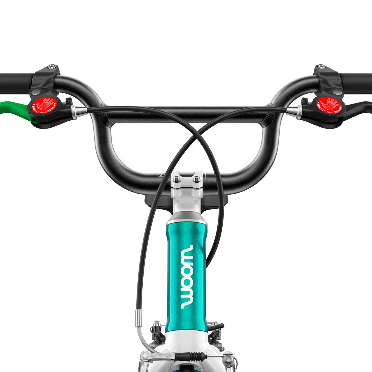 Woom Bicycle handlebar with teal stem and 'woom' branding on a white background