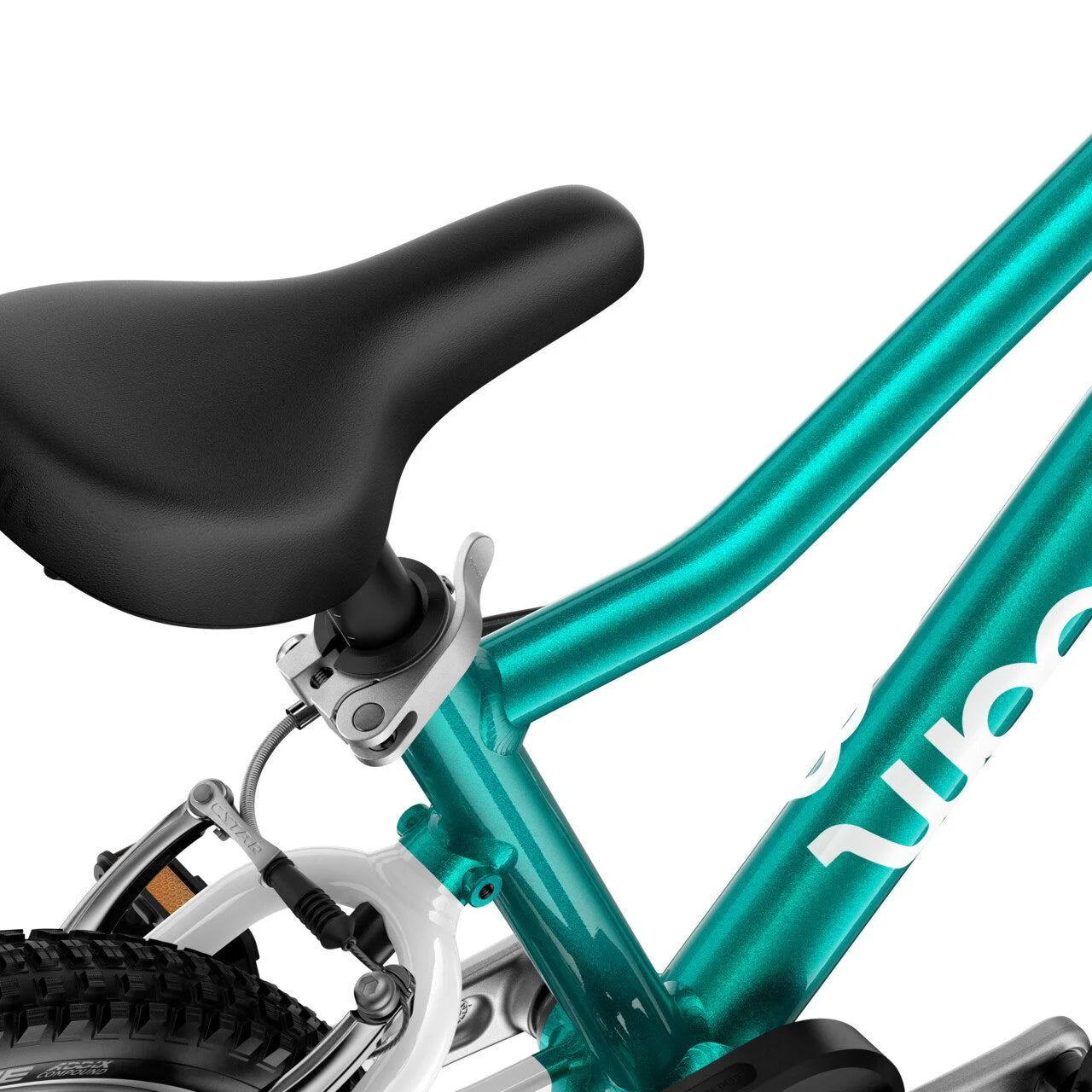 Close-up of a teal Woom bicycle frame with a black seat on a white background