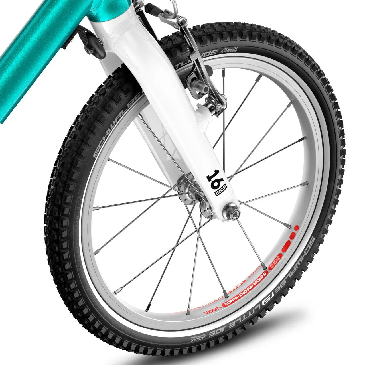 Close-up of a Woom bicycle wheel with a white rim and black tire on a white background