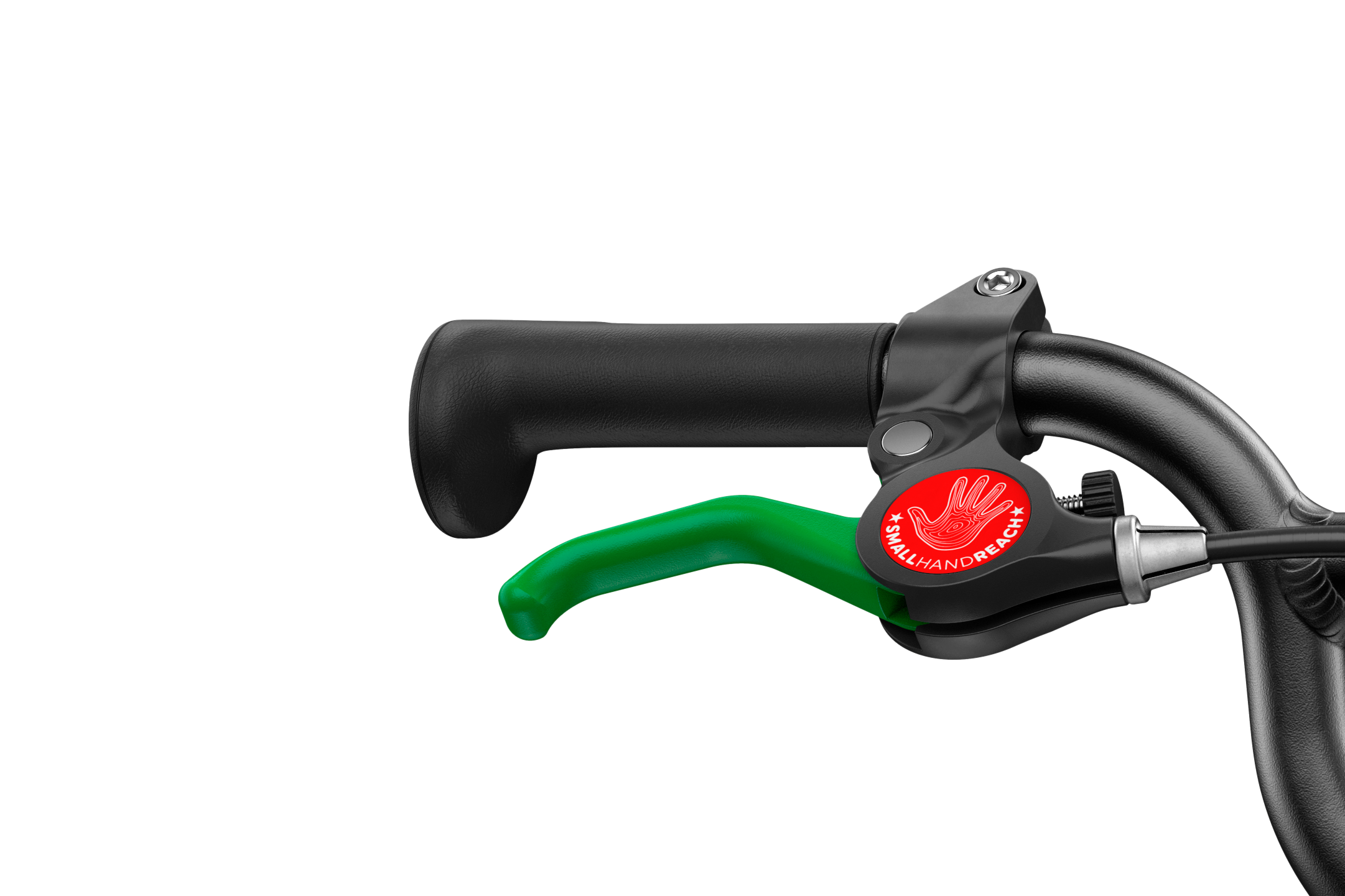 Close-up of a bicycle handlebar with a green brake lever and black grip on a white background.