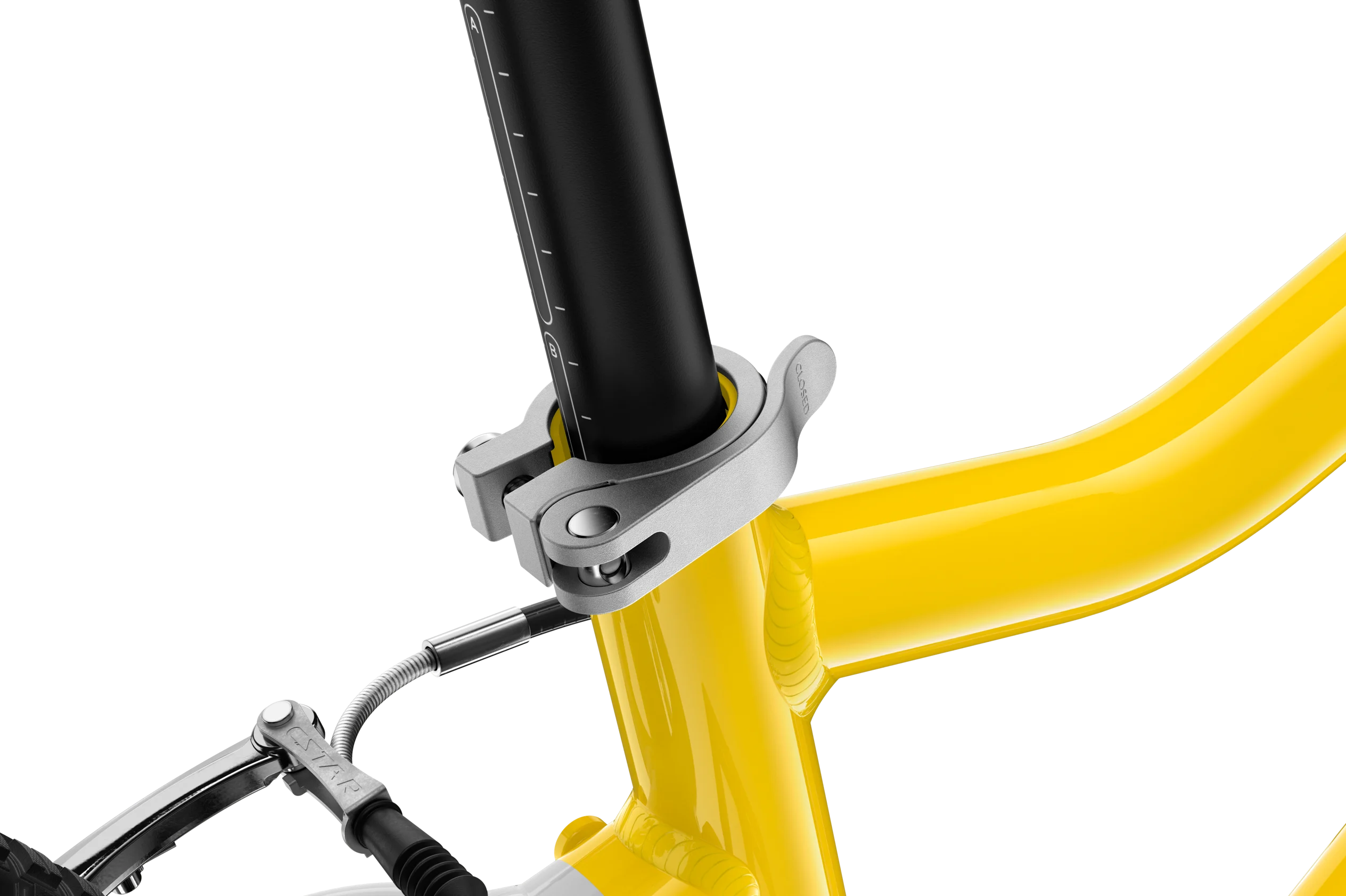 Close-up of a yellow bicycle frame with a black seat post and a silver clamp on a white background