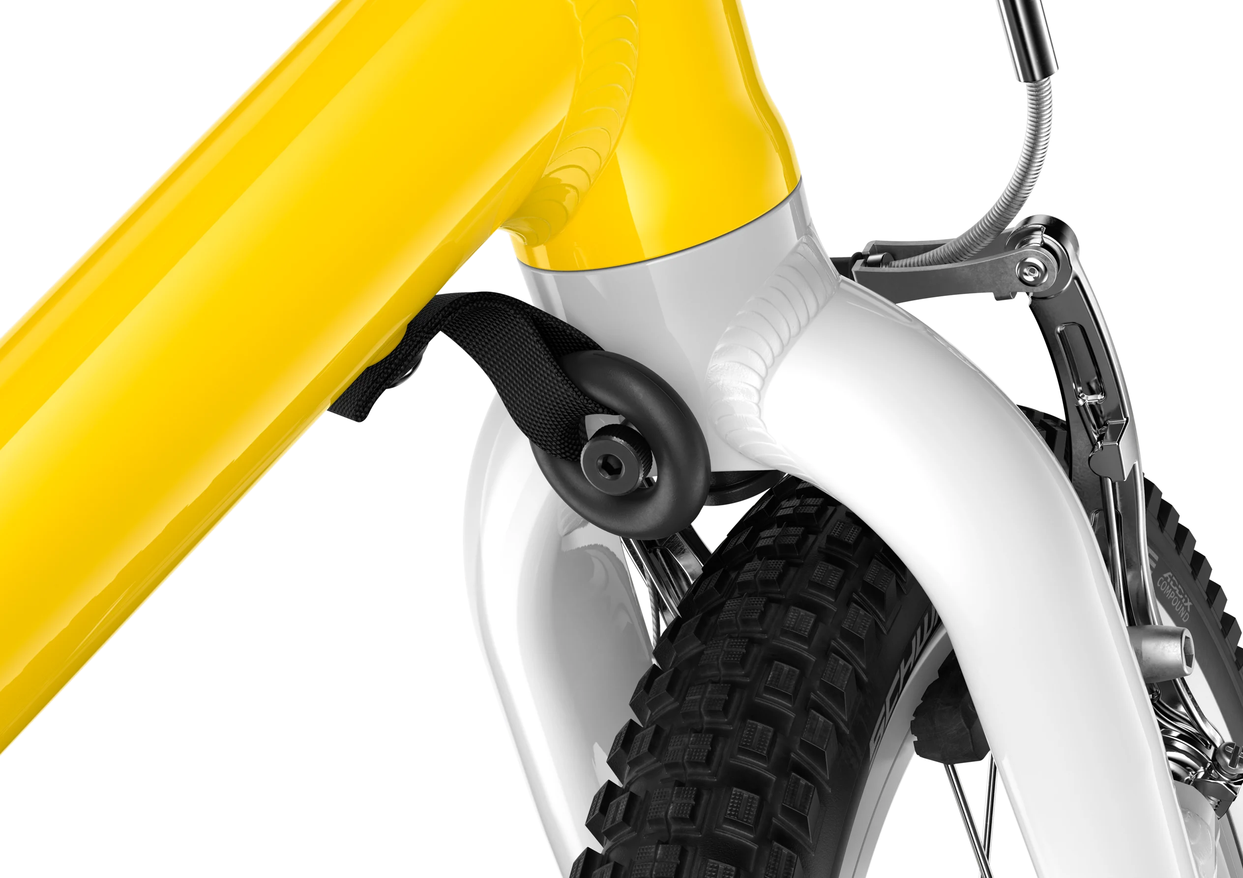 Close-up of a yellow and white bicycle with a black tire on a white background