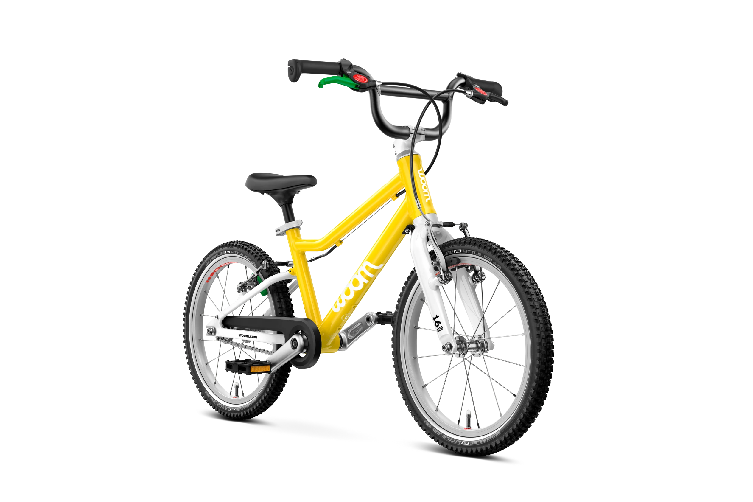 Yellow Woom children's bicycle on a white background
