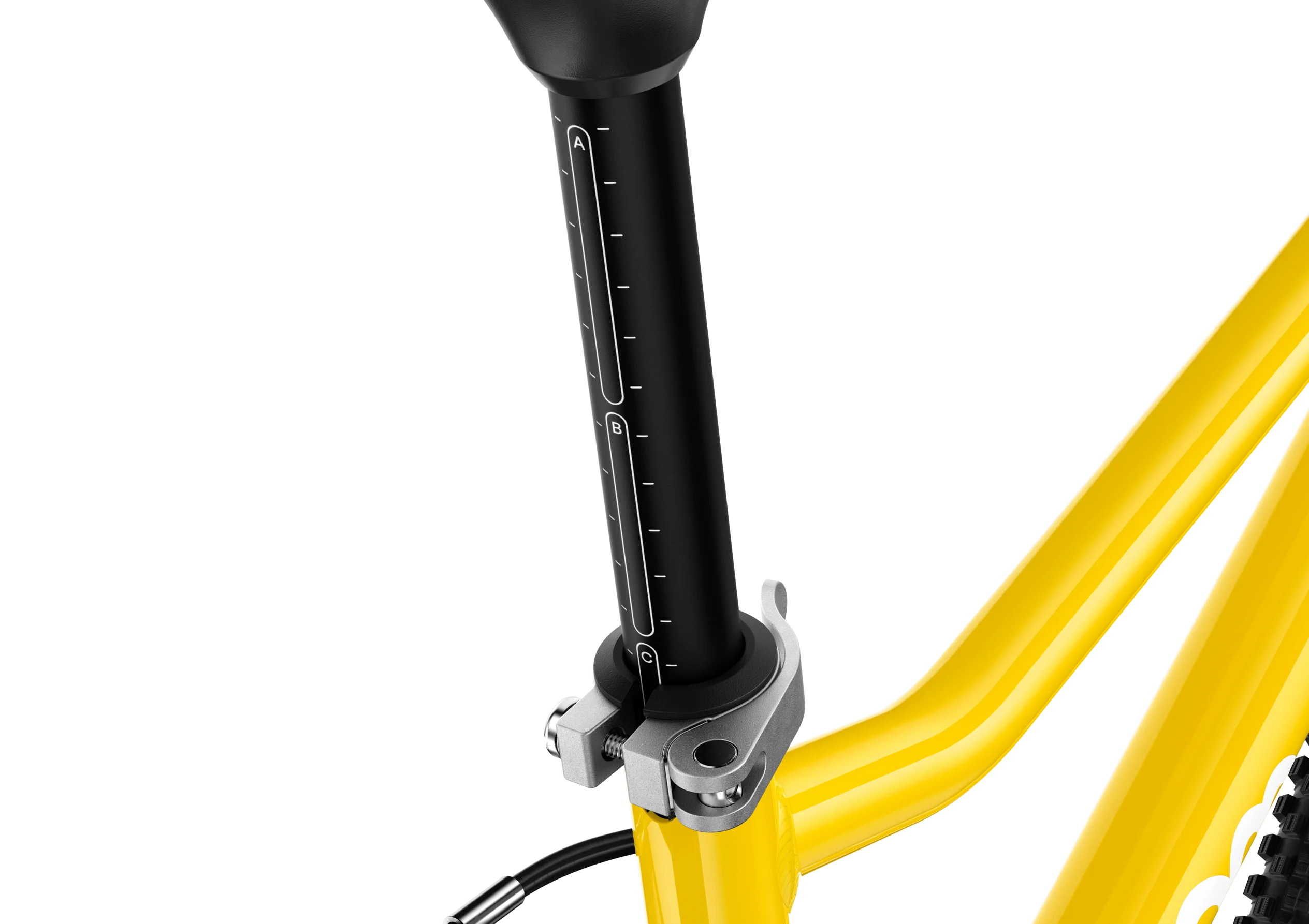 Close-up of a yellow bicycle frame with a black seat post on a white background