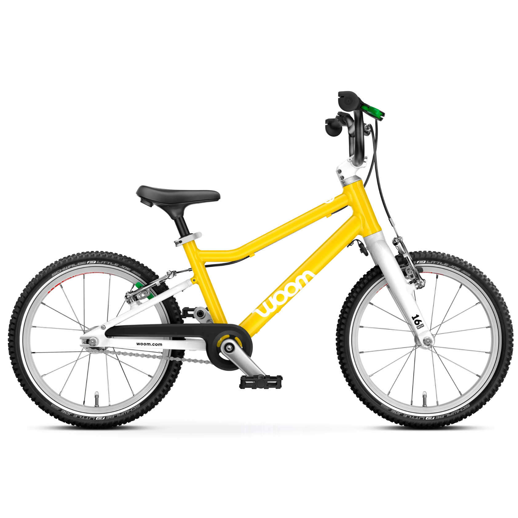 Yellow Woom children's bicycle with a black seat on a white background