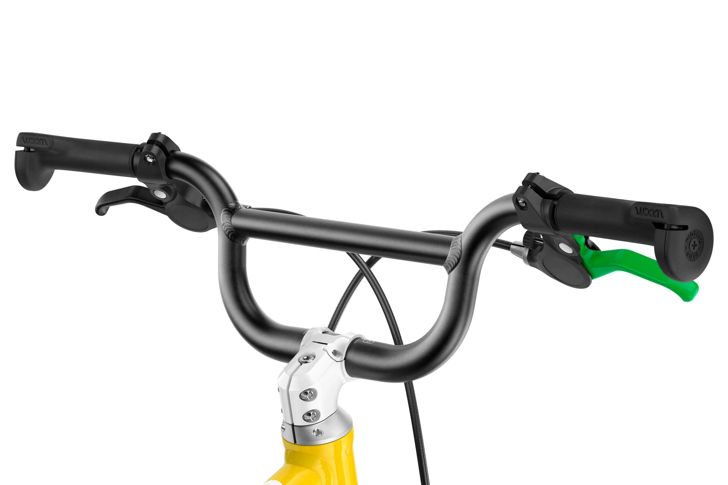 Bicycle handlebar with black grips and yellow accents on a white background