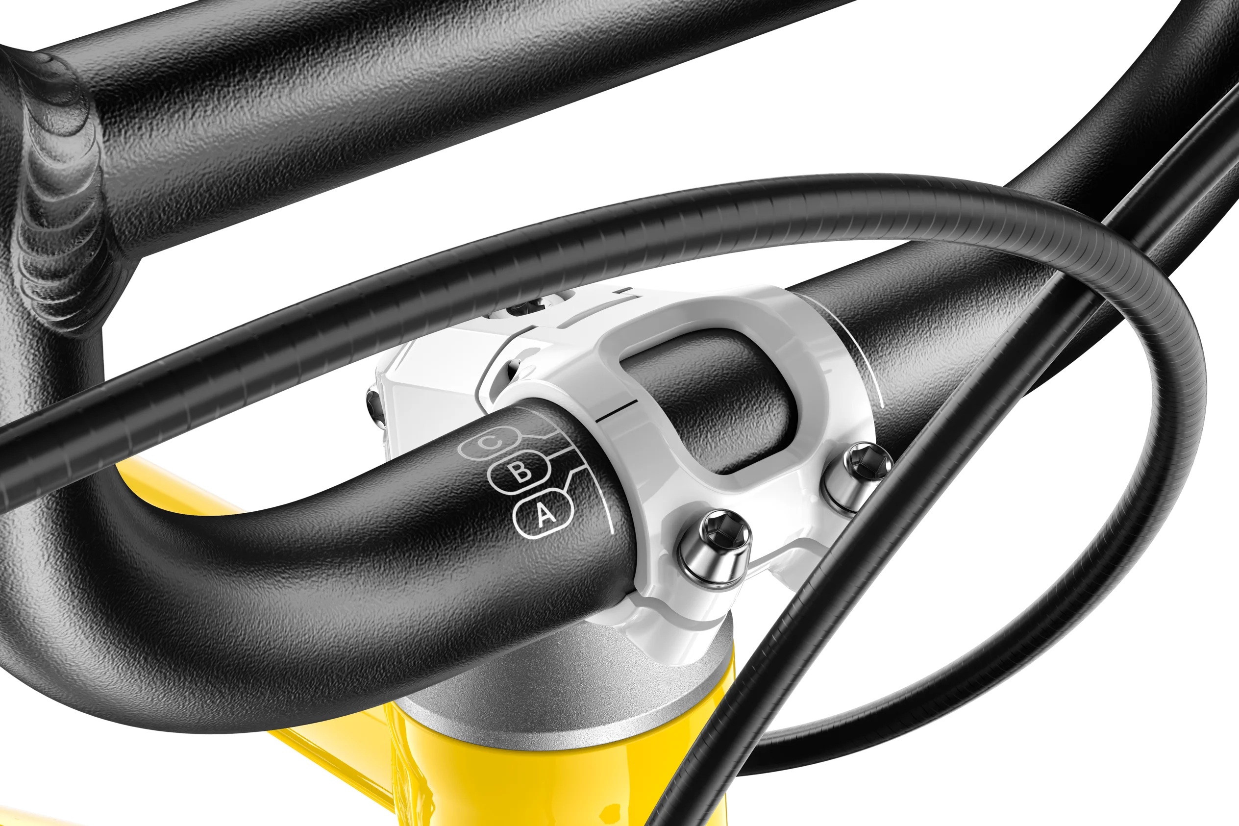 Close-up of a bicycle handlebar with a yellow frame and black grips.