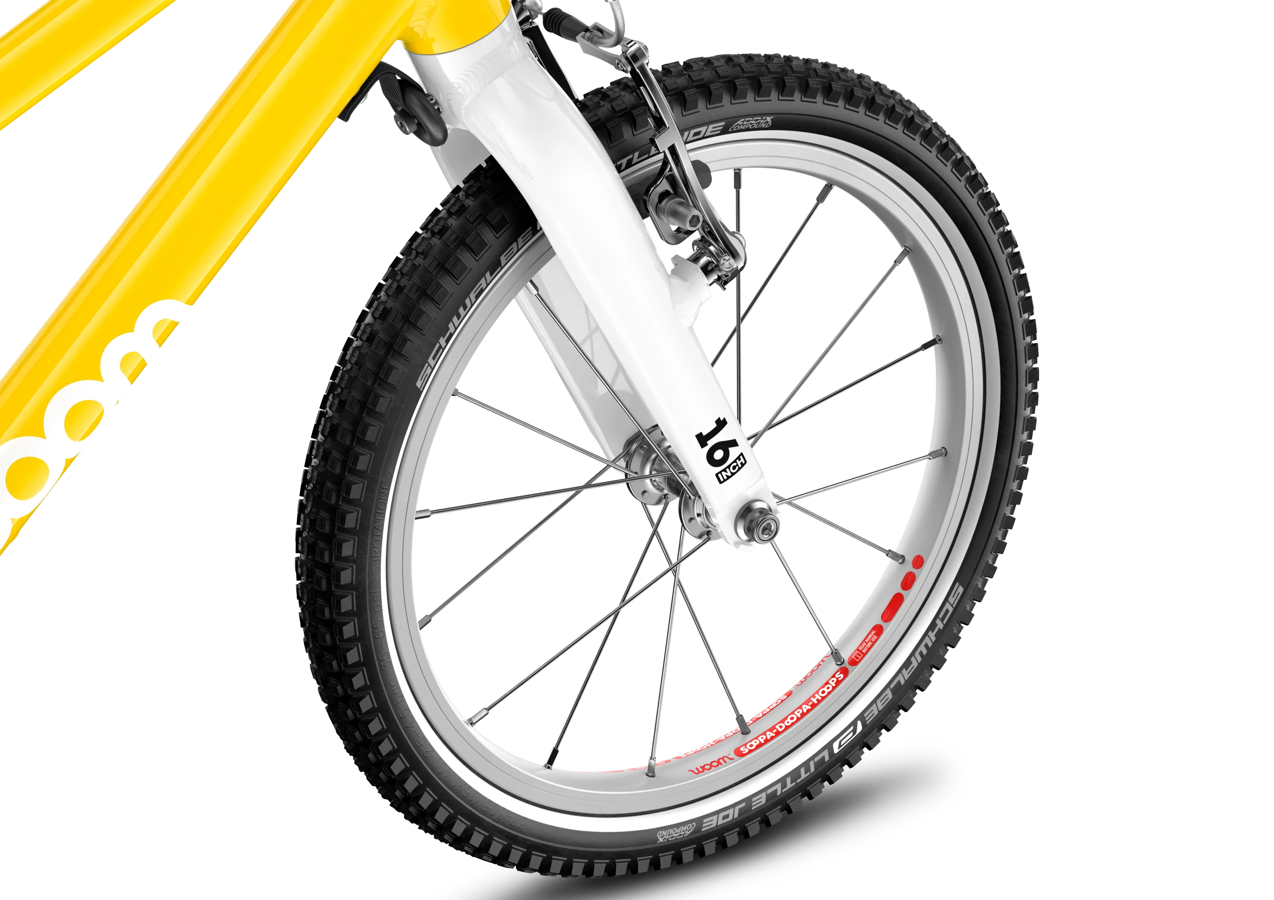 Close-up of a yellow bicycle frame and a wheel with a silver rim on a white background