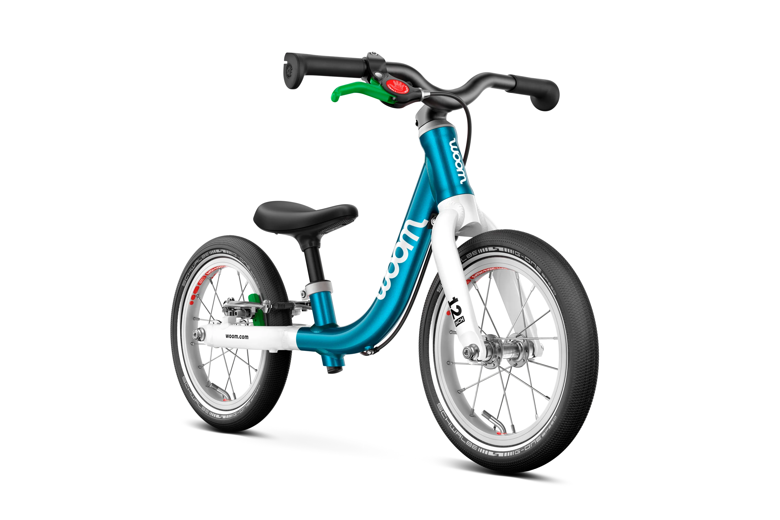 Children's Woom balance bike with blue frame and white wheels on a white background