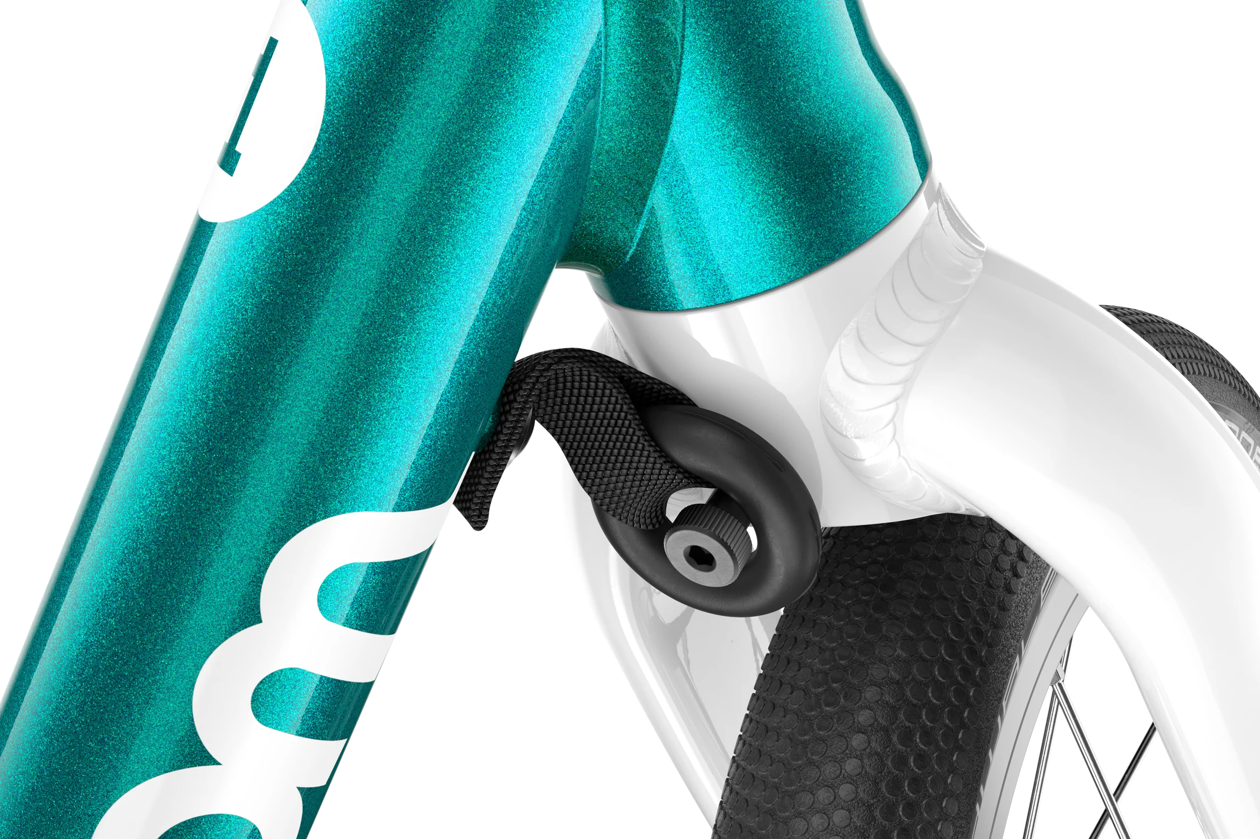 Close-up of a Woom bicycle with a teal frame and white accents on a white background