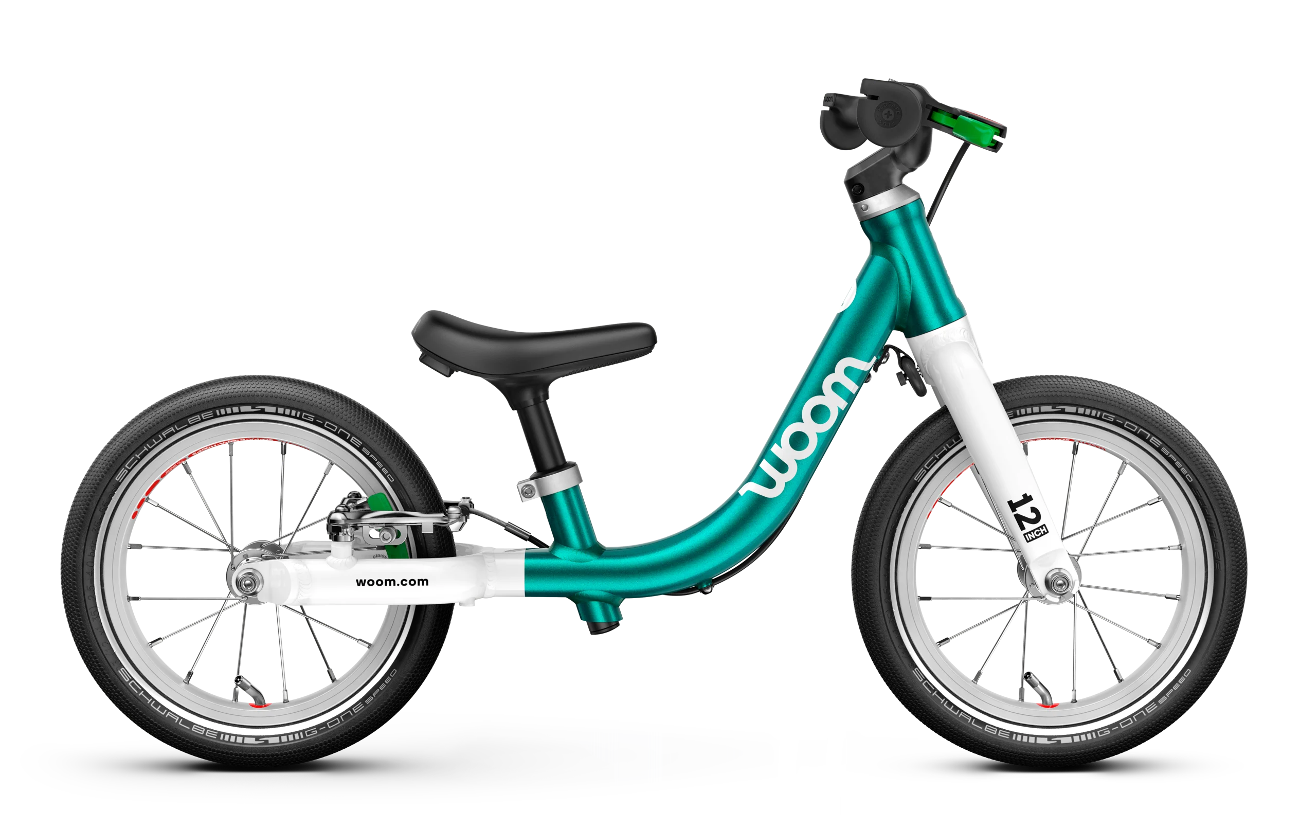Turquoise and white Woom balance bike with 'woom' branding on a white background
