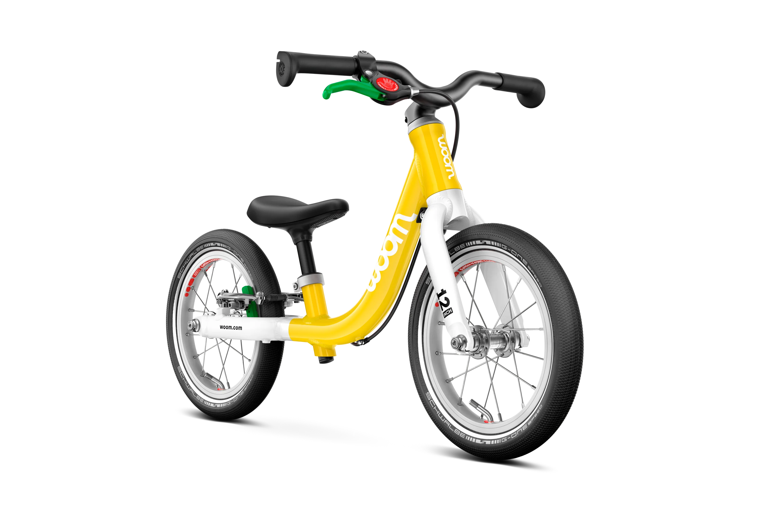 Yellow balance bike on a white background