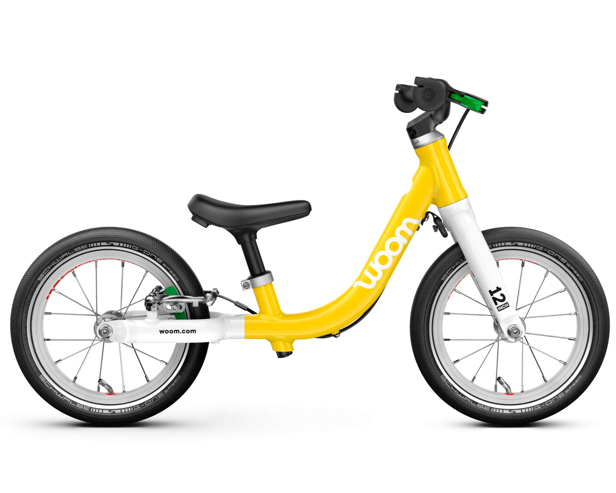 Yellow and white balance bike on a white background