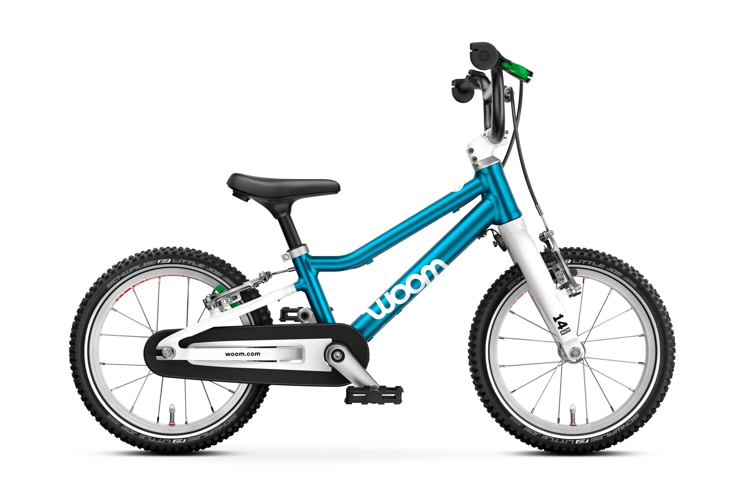 Children's bicycle with teal frame and white wheels on a white background