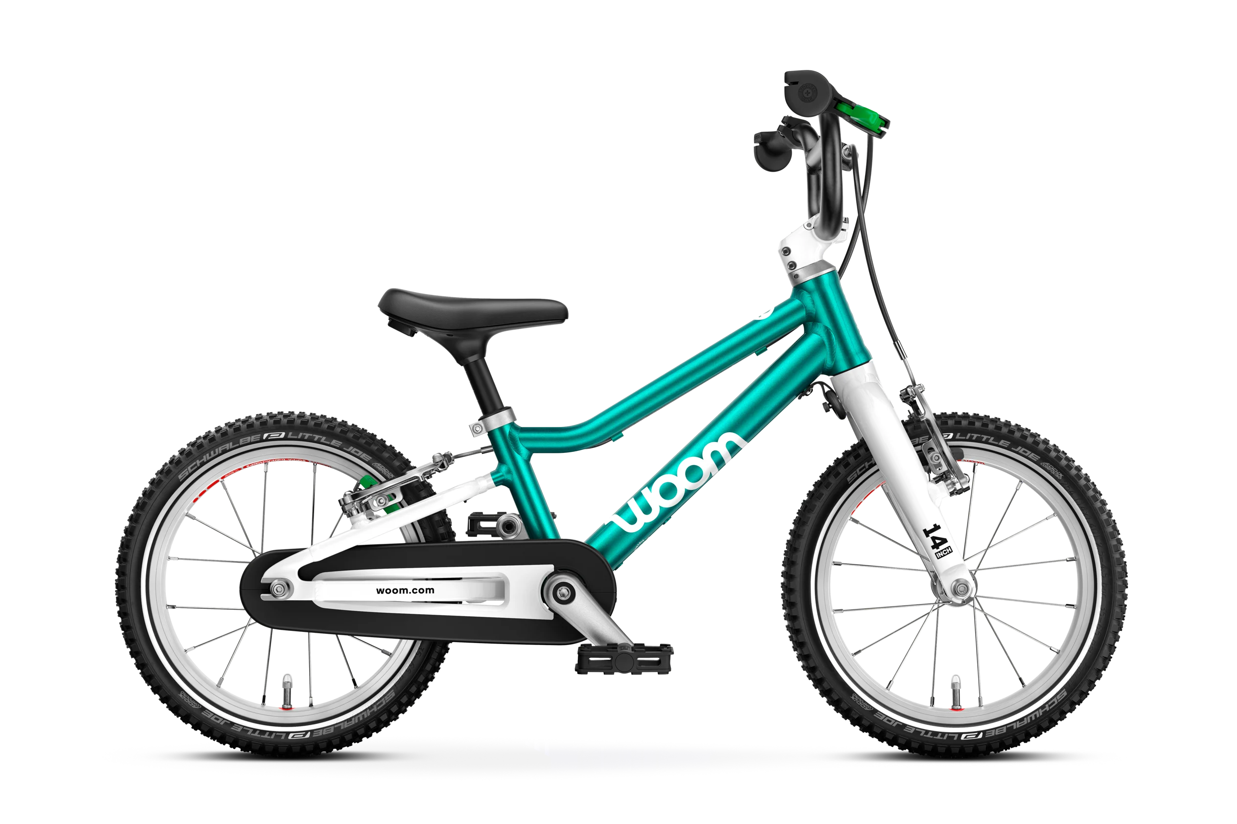 Teal children's Woom bike with white frame on a white background