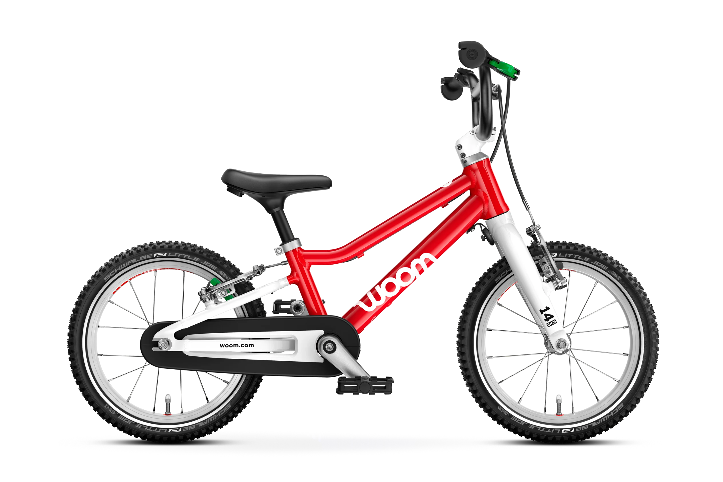 Red Woom children's bike with a white frame on a white background