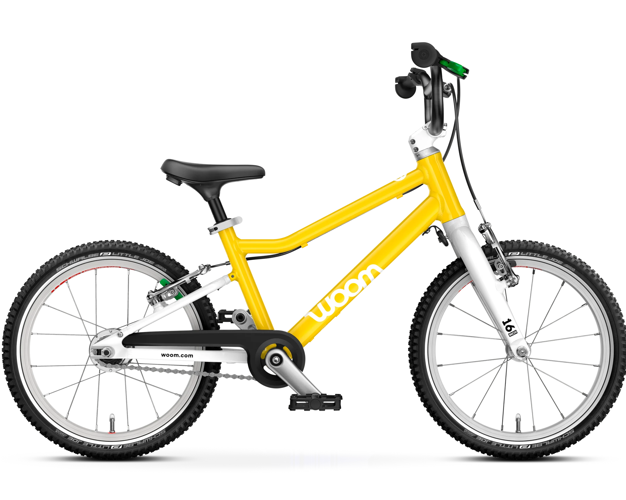 Woom go3 Automagic yellow kids bicycle on a white backgrund