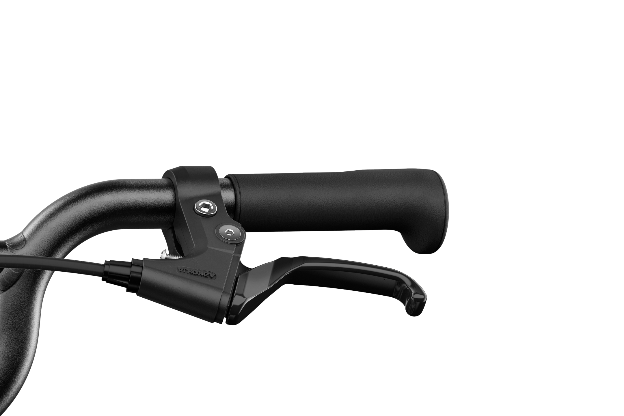 Close-up of a black Bicycle handlebar and brake lever on a white background