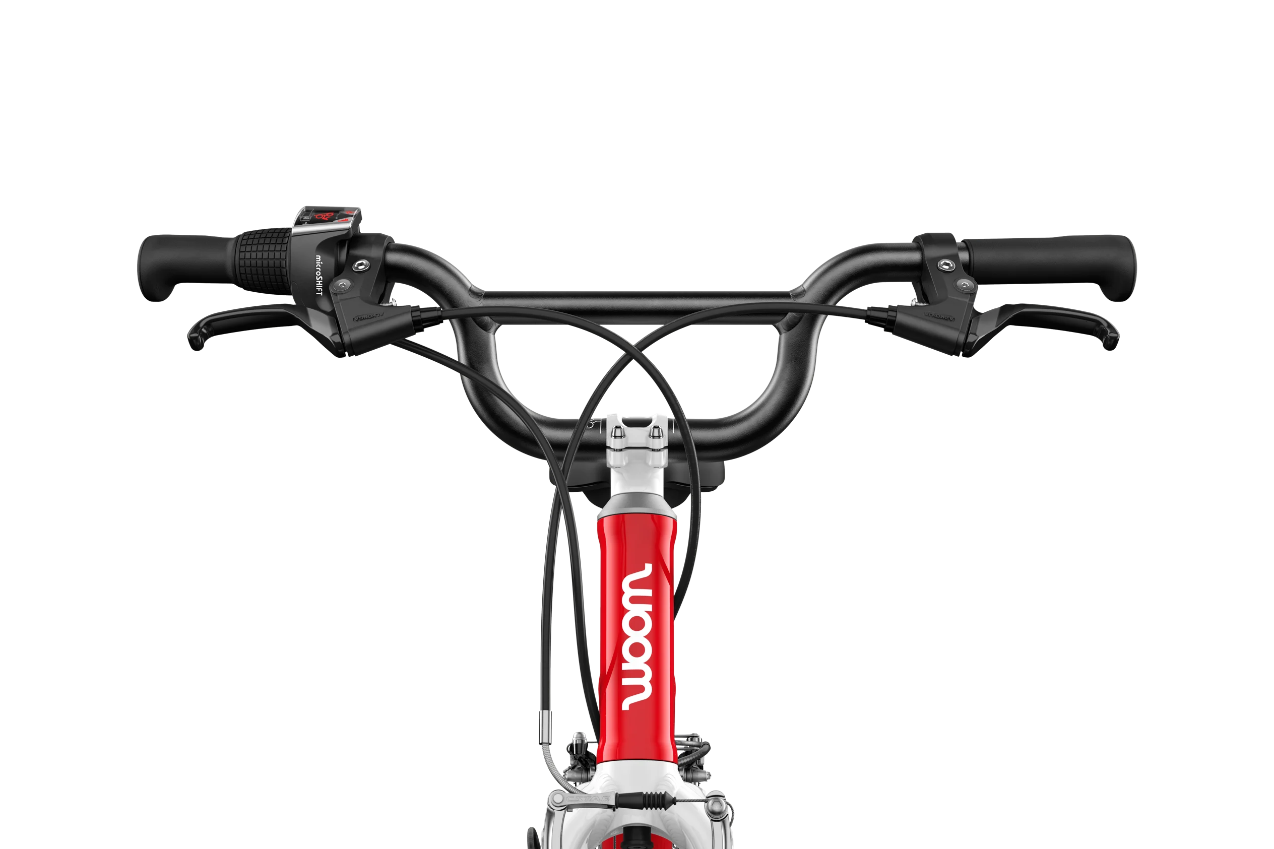 Close-up of a Woom bicycle handlebar with 'woom' branding on a white background