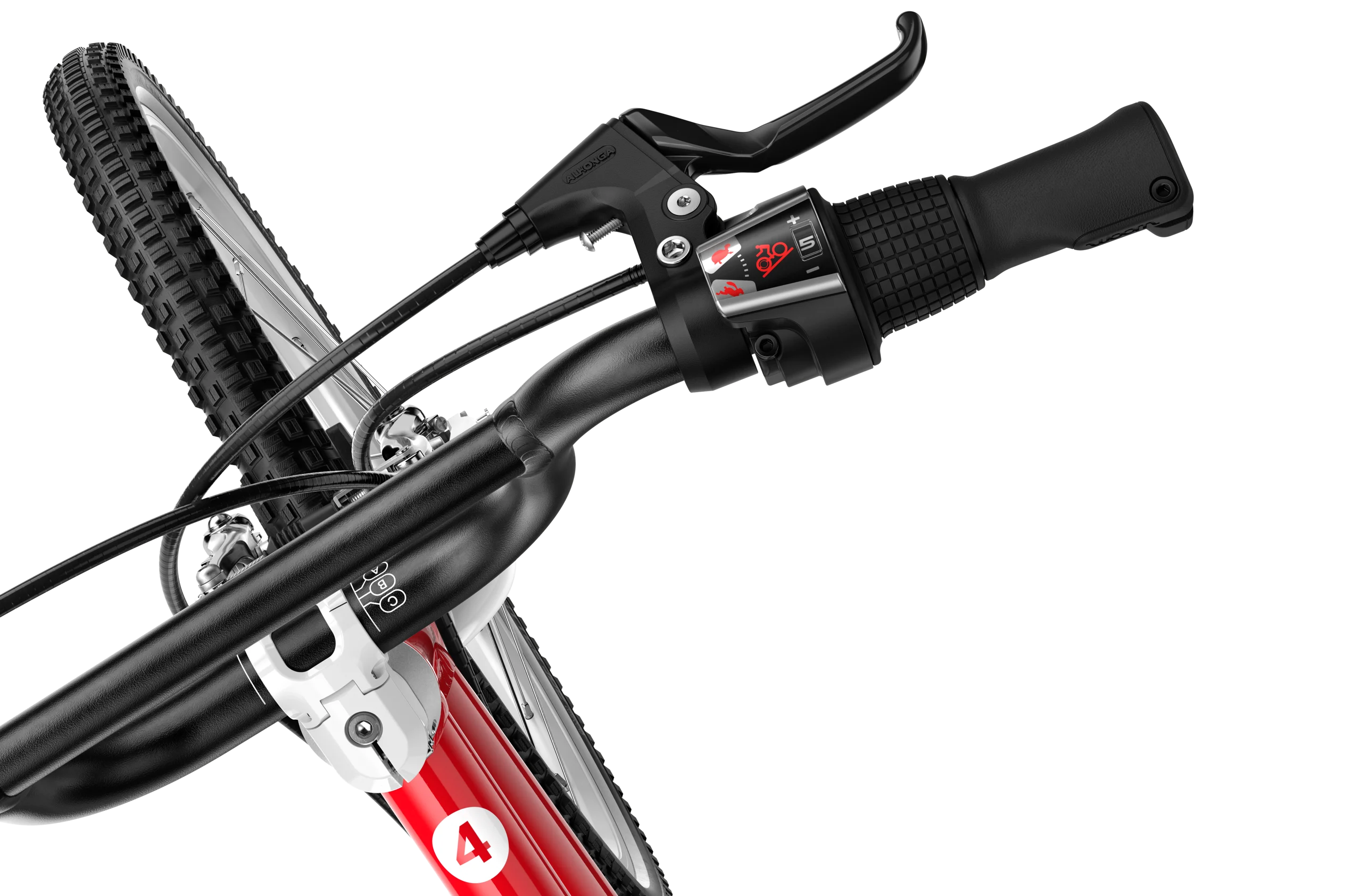 Close-up of a Woom bicycle handlebar with brake lever on a white background