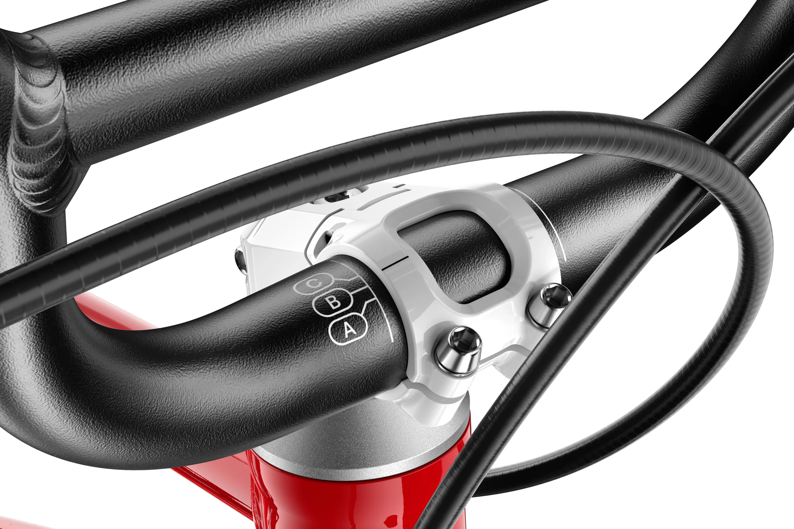 Close-up of a bicycle handlebar with a red and black design.