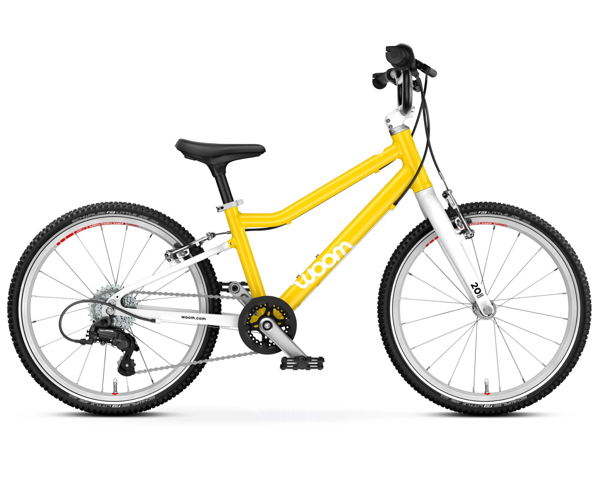 Yellow Woom children's bicycle on a white background