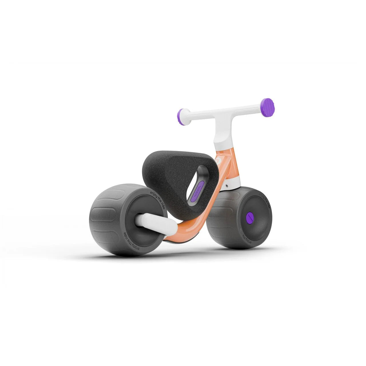 Children's Woom balance bike with black wheels and orange frame on a white background