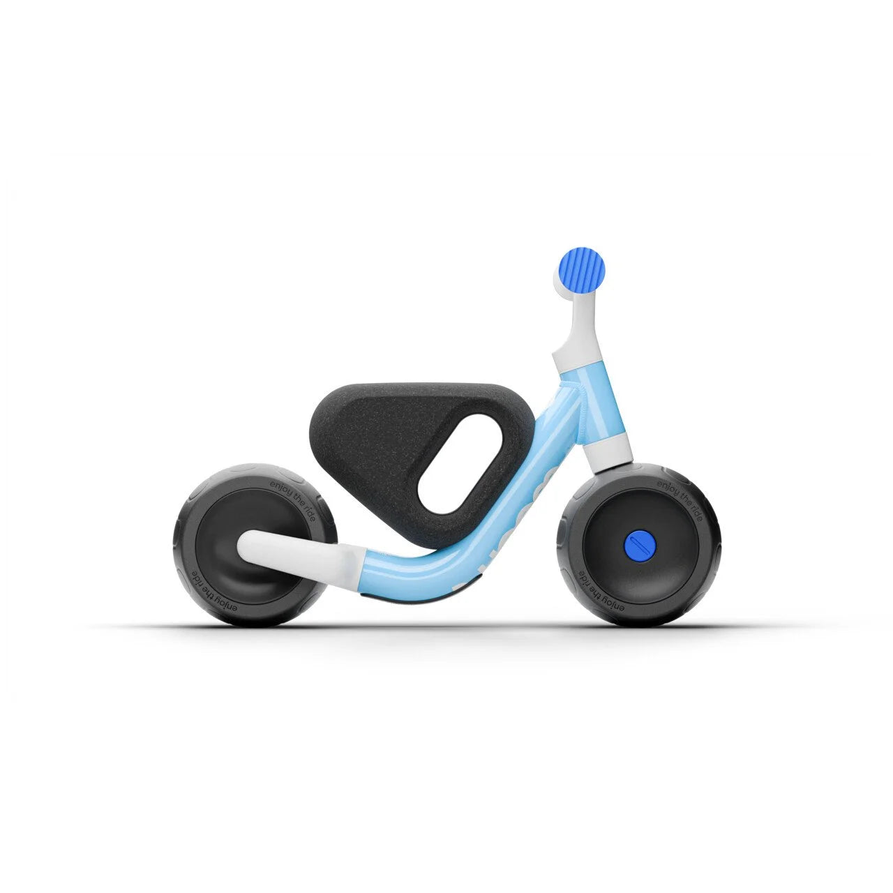 Children's Woom balance bike with blue and black design on a white background