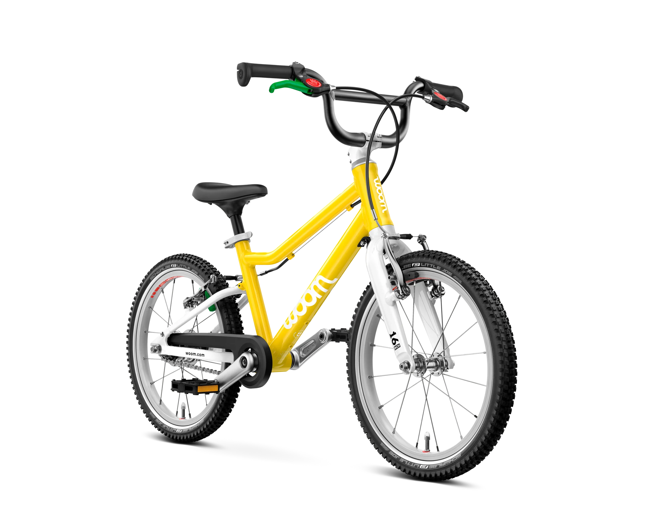 Woom go3 Automagic yellow kids bicycle on a white background