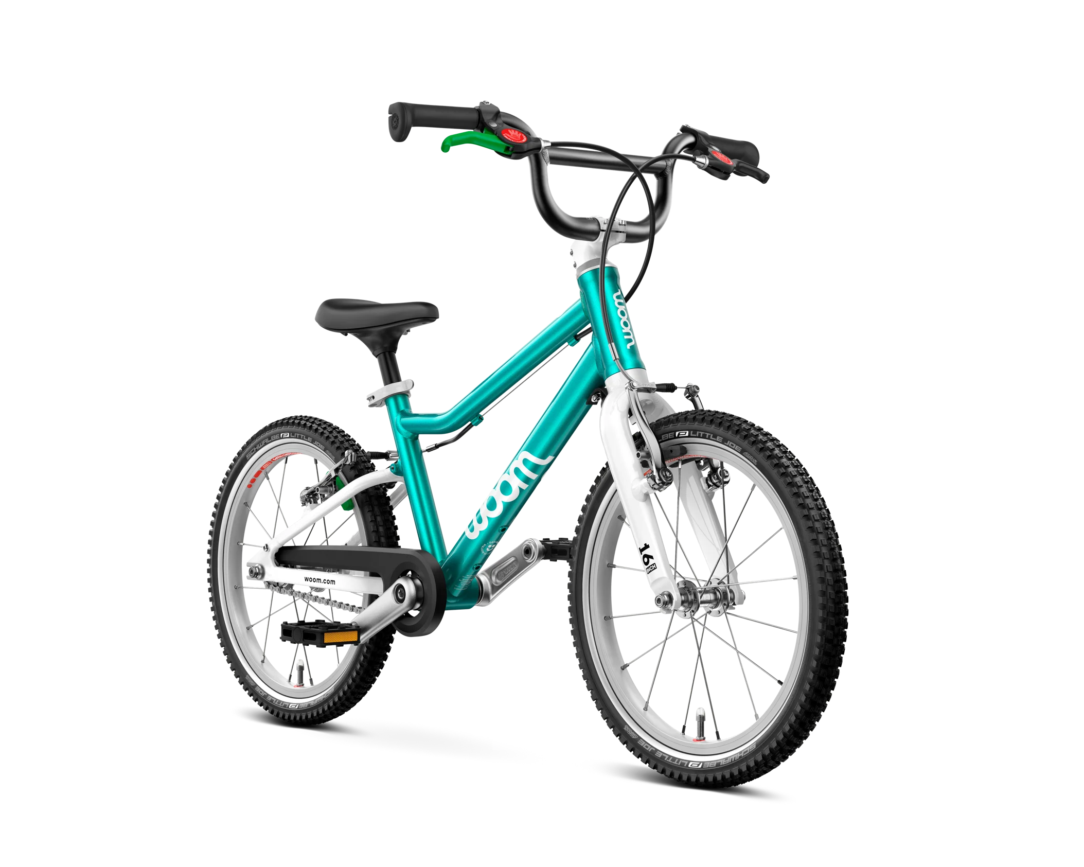 Woom children green bicycle on a white background