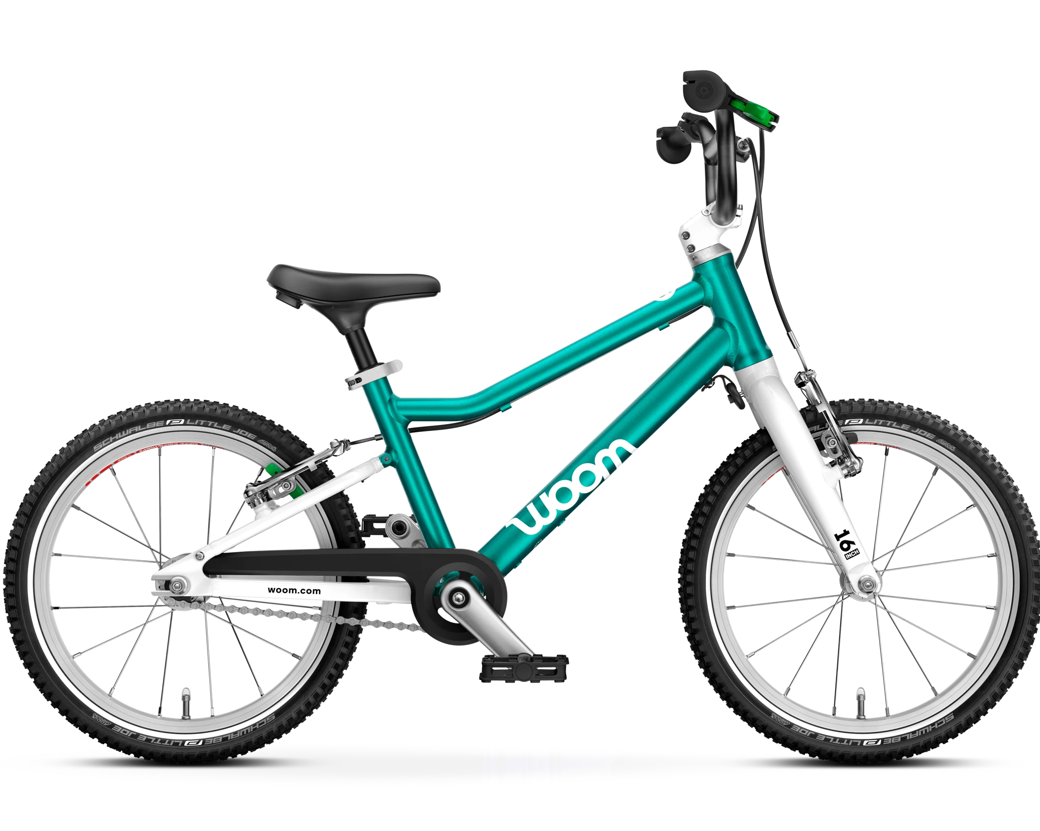 Woom Children's bicycle with teal frame and white accents on a white background