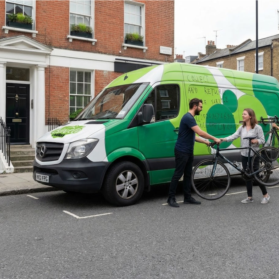 A person handing over a bicycle after collect and return bicycle servicing. 