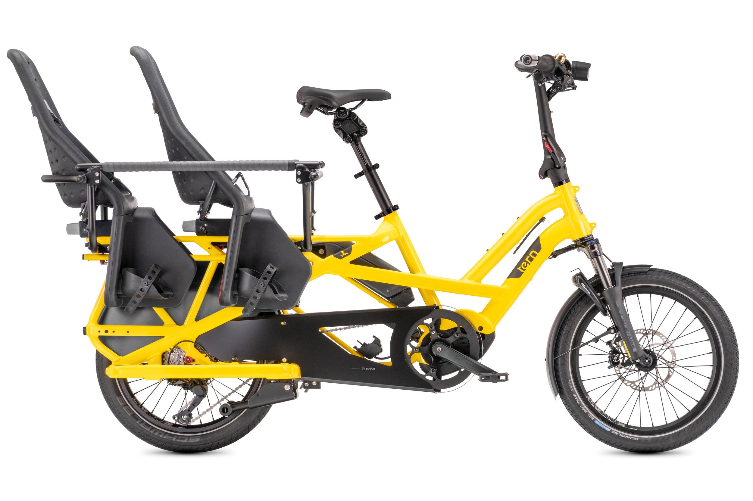 Yellow Tern cargo bicycle with two black  child seats on a white background
