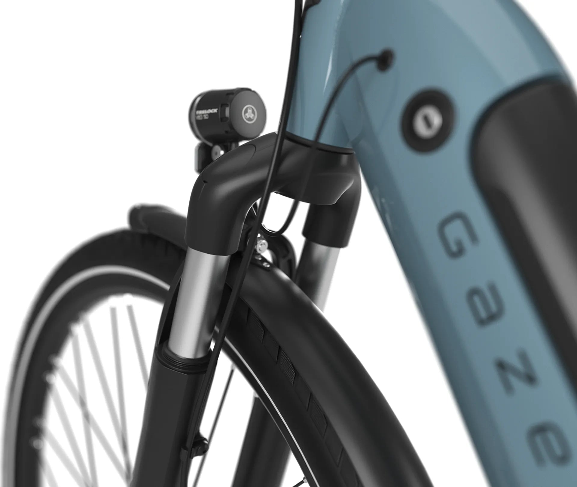 Close up of a fork and a blue bike frame