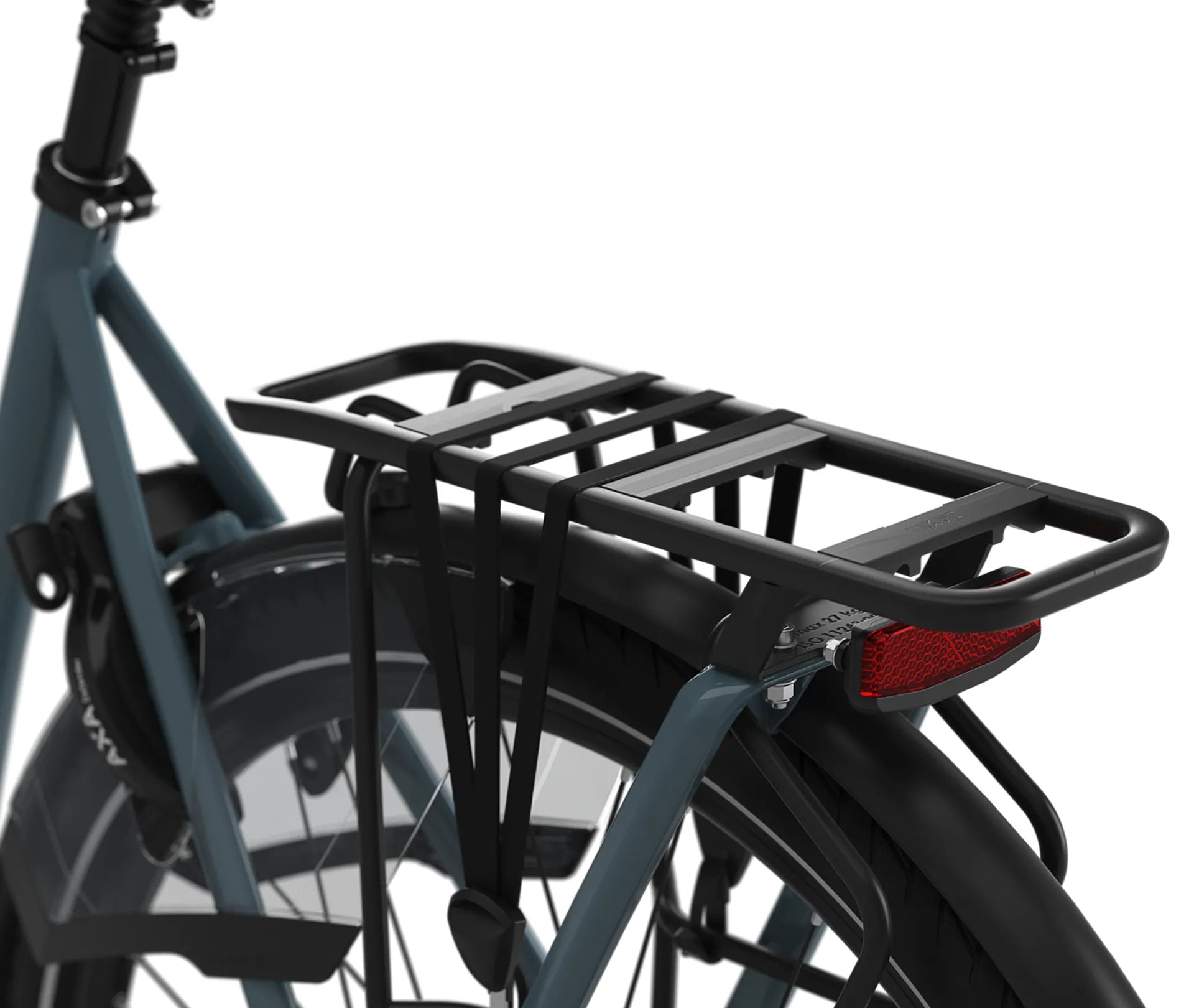Close up of a black rear rack on a blue bike